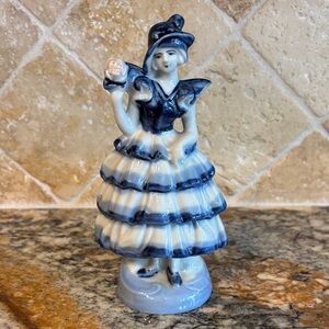 Vintage Blue and White Porcelain Lady Figurine with Rose